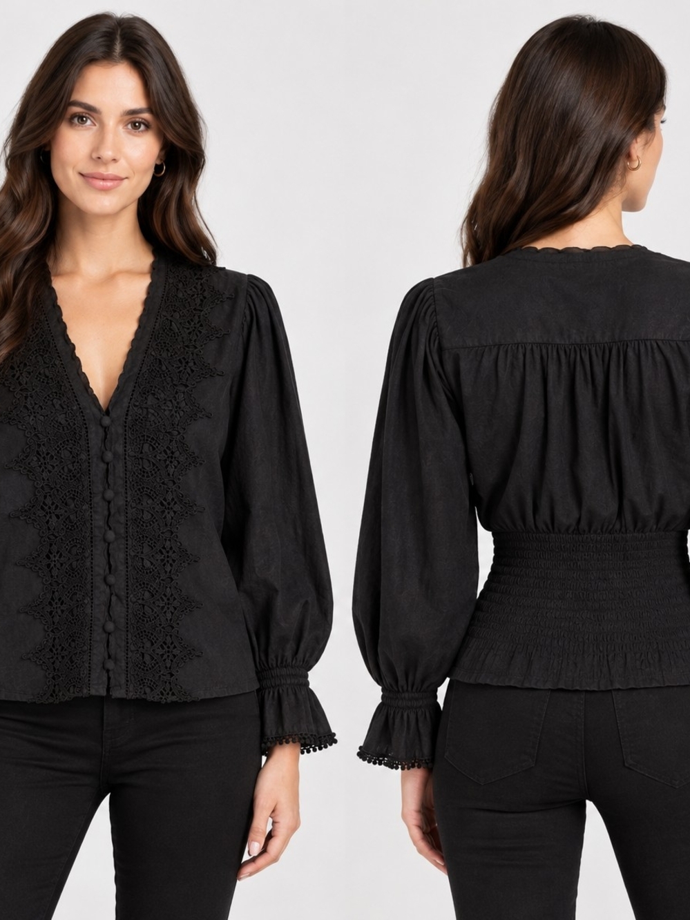 Free People Black Lace-Trim Peasant Blouse, V-Neck Puff Sleeve